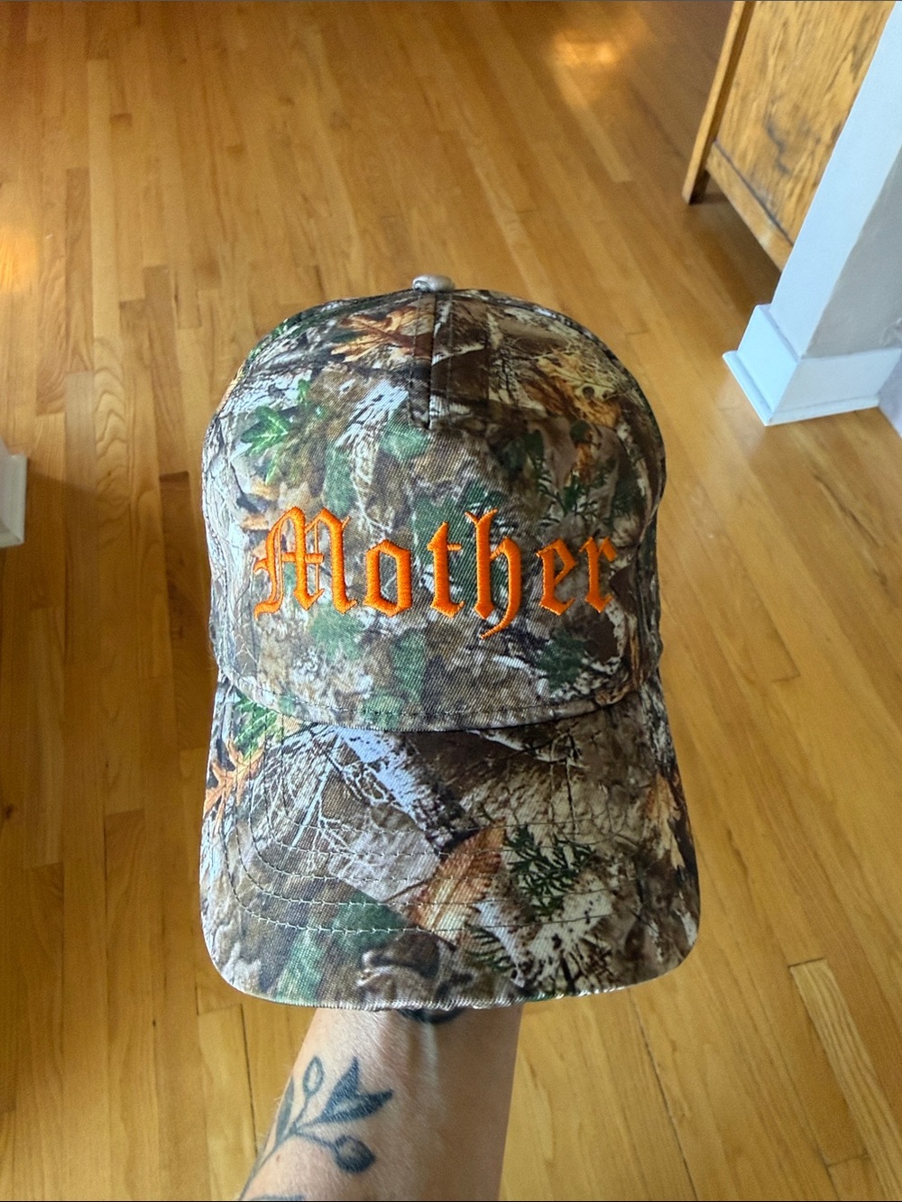 Urban Outfitters Camo 'Mother' Baseball Cap with Orange Embroidery